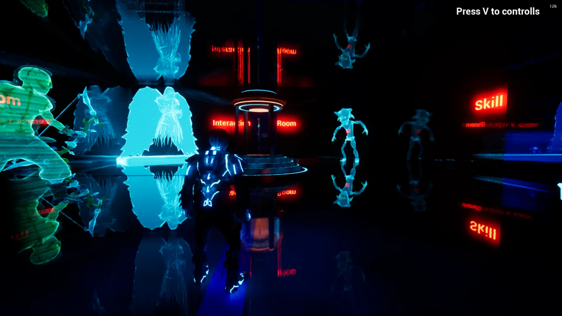 Koyu, yansımalı zeminli etkileşim odası; kırmızı neon “Interaction Room” tabelası ve turkuaz hologram figürler.