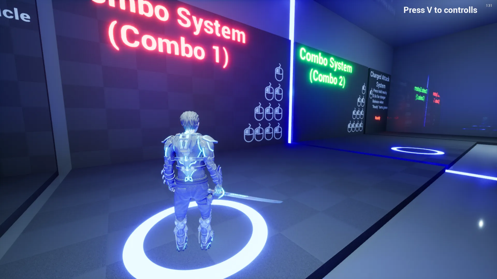 Kombo sistemi odası: duvarda neon “Combo System” yazıları ve fare tuşu şemaları, ortada kılıçlı karakter.