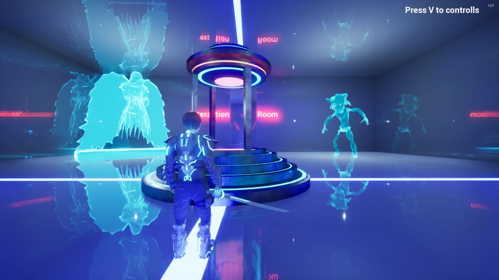 Mavi tonlu etkileşim odasının merkezindeki dairesel platform ve etrafındaki hologram karakterler.